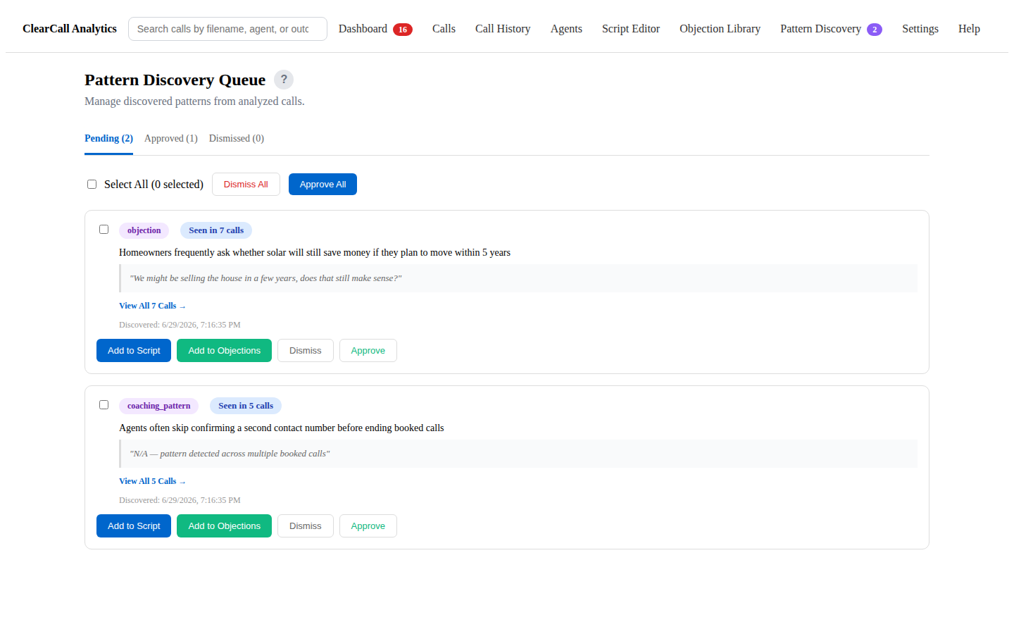 Pattern discovery queue showing recurring objections detected across multiple calls