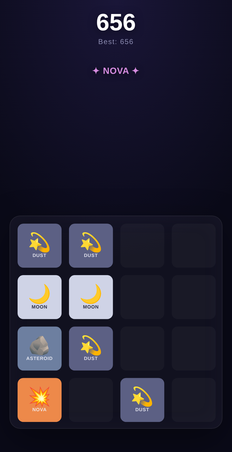 Stellar Merge gameplay showing a grid of cosmic tiles